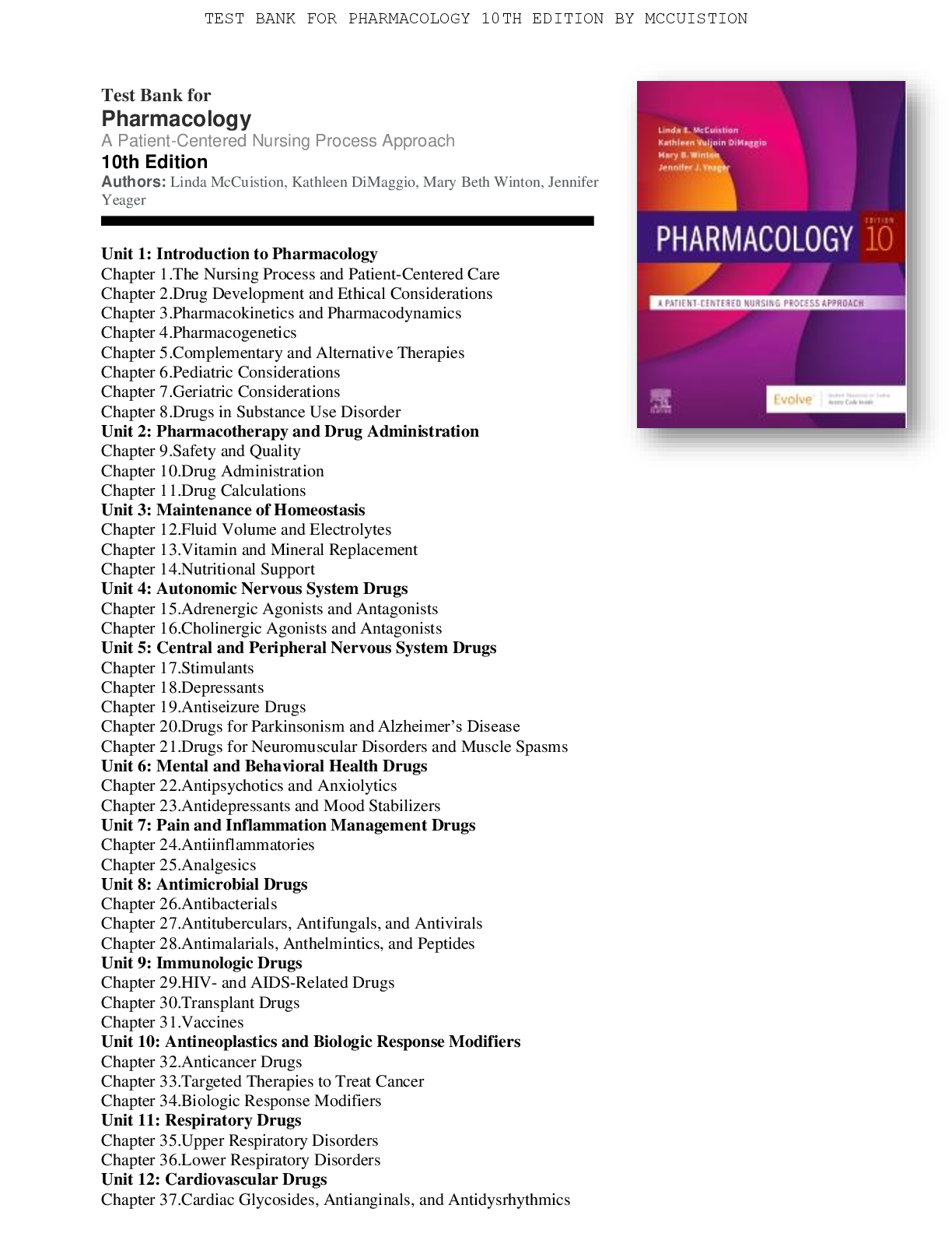 Preview of Test Bank for Pharmacology 10th Edition A Patient-Centered Nursing Process Approach By Lin